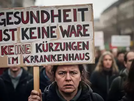 Nahaufnahme eines Protestplakats mit der Aufschrift „Gesundheit ist keine Ware“, gehalten von einem Demonstranten in einer Menschenmenge. - Foto: über boerse-global.de