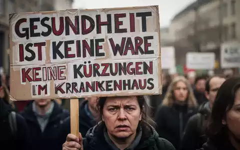 Nahaufnahme eines Protestplakats mit der Aufschrift „Gesundheit ist keine Ware“, gehalten von einem Demonstranten in einer Menschenmenge. - Foto: über boerse-global.de