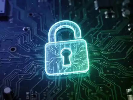 A glowing digital padlock icon superimposed on a computer motherboard with intricate circuit patterns, symbolizing data security and technology. - Foto: über boerse-global.de