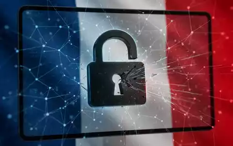A digital padlock icon on a screen, overlaid with a network grid and subtle French flag colors, symbolizing a government app data breach. - Foto: über boerse-global.de