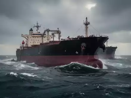 Ein großes Massengutschiff auf stürmischer See, unter einem dramatischen, bewölkten Himmel, der Rückgang symbolisiert. - Foto: über boerse-global.de