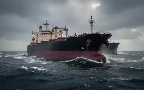 Ein großes Massengutschiff auf stürmischer See, unter einem dramatischen, bewölkten Himmel, der Rückgang symbolisiert. - Foto: über boerse-global.de