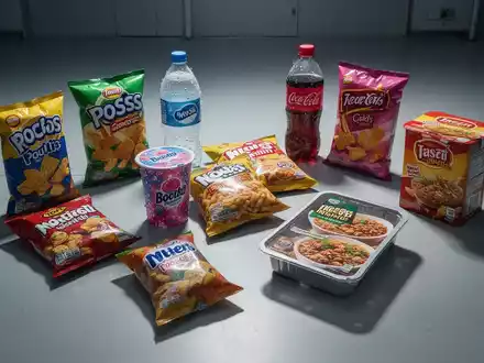 Eine Nahaufnahme verschiedener bunter, verpackter hochverarbeiteter Lebensmittel wie Snacks und Getränke auf einer Oberfläche. - Foto: über boerse-global.de