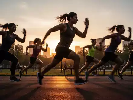 Eine Gruppe von Menschen, die bei Sonnenuntergang im Freien ein intensives Tabata-Workout absolvieren, mit Fokus auf dynamische Bewegung. - Foto: über boerse-global.de
