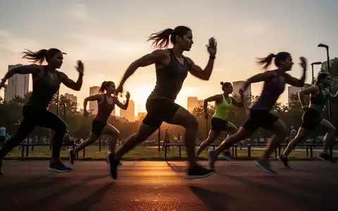 Eine Gruppe von Menschen, die bei Sonnenuntergang im Freien ein intensives Tabata-Workout absolvieren, mit Fokus auf dynamische Bewegung. - Foto: über boerse-global.de