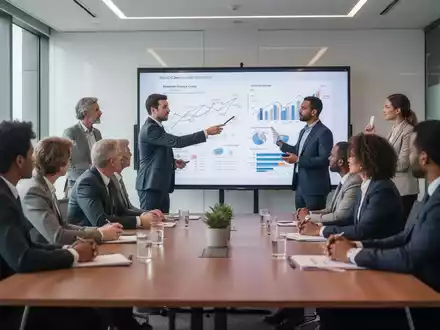 Eine Gruppe von Fachleuten diskutiert in einem modernen Konferenzraum, während eine Person auf ein Diagramm auf einem Bildschirm zeigt. - Foto: über boerse-global.de