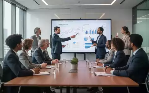 Eine Gruppe von Fachleuten diskutiert in einem modernen Konferenzraum, während eine Person auf ein Diagramm auf einem Bildschirm zeigt. - Foto: über boerse-global.de