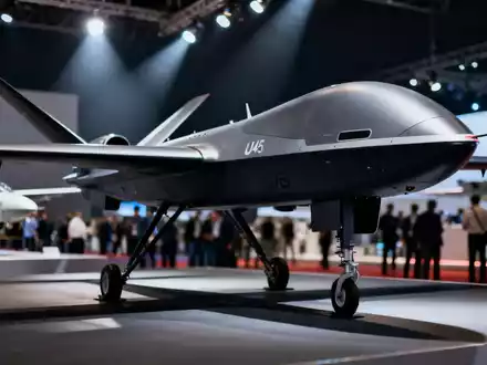 Eine moderne Militärdrohne, möglicherweise ein U145 oder U760 Ravenstorm, ausgestellt auf einer Luftfahrtmesse. - Foto: über boerse-global.de