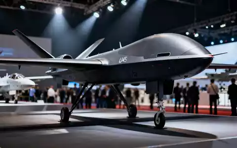 Eine moderne Militärdrohne, möglicherweise ein U145 oder U760 Ravenstorm, ausgestellt auf einer Luftfahrtmesse. - Foto: über boerse-global.de