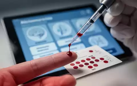 Ein Bluttropfen wird von einer Fingerkuppe auf eine Trockenblutkarte gesammelt, im Hintergrund ein Tablet mit kognitiven Tests. - Foto: über boerse-global.de