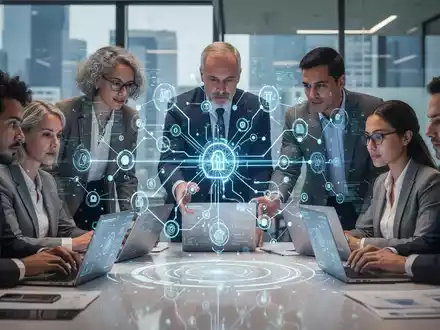 Geschäftsleute arbeiten an einer holografischen Schnittstelle, die KI-Agenten und Workflow-Automatisierung darstellt. - Foto: über boerse-global.de