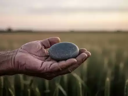 Eine verwitterte Hand hält einen kleinen, glatten, dunkelgrauen Stein, mit einem unscharfen Feld im Hintergrund. - Foto: über boerse-global.de