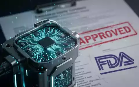 Nahaufnahme eines medizinischen Geräts mit leuchtenden Schaltkreisen, im Hintergrund ein 'APPROVED'-Stempel und FDA-Logo. - Foto: über boerse-global.de