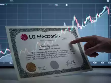 Ein LG Electronics-Aktienzertifikat, eine Hand zeigt auf einen Aktienkurs-Chart, der ein 52-Wochen-Hoch darstellt. - Foto: über boerse-global.de