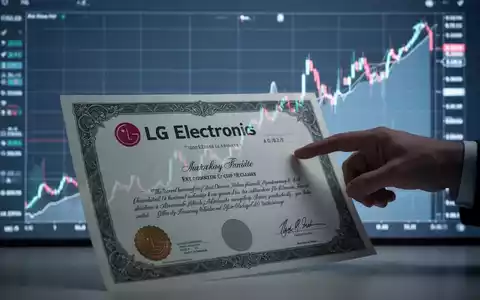 Ein LG Electronics-Aktienzertifikat, eine Hand zeigt auf einen Aktienkurs-Chart, der ein 52-Wochen-Hoch darstellt. - Foto: über boerse-global.de