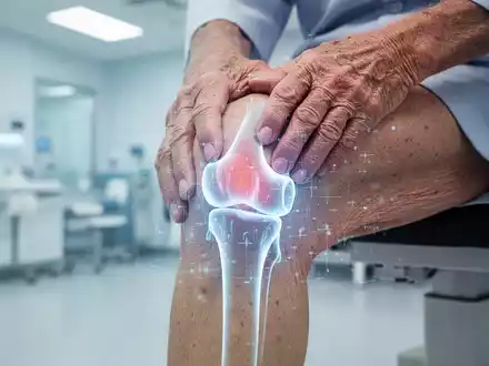 Nahaufnahme eines Kniegelenks mit subtilen digitalen Überlagerungen, die Entzündungen und therapeutische Interventionen darstellen. - Foto: über boerse-global.de