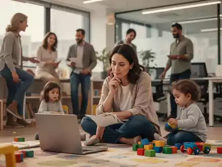 Eine Frau arbeitet am Laptop, während ein Kind in einem modernen Büro spielt, das auch Elemente einer Kindertagesstätte enthält. - Foto: über boerse-global.de