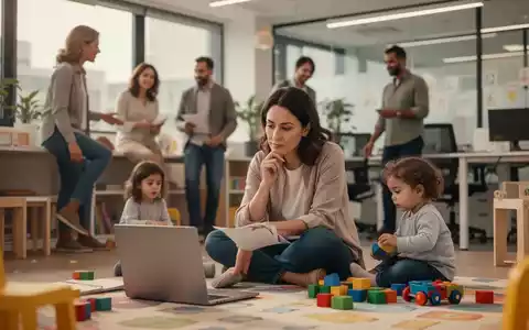 Eine Frau arbeitet am Laptop, während ein Kind in einem modernen Büro spielt, das auch Elemente einer Kindertagesstätte enthält. - Foto: über boerse-global.de