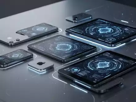 A stylized arrangement of modern Apple iPhones and iPads, subtly illuminated to suggest advanced AI capabilities. - Foto: über boerse-global.de
