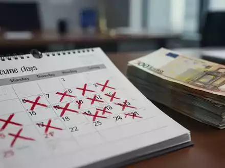 Ein Kalenderblatt mit rot markierten Tagen und daneben ein Stapel Euro-Banknoten, der den Abkauf von Urlaubstagen symbolisiert. - Foto: über boerse-global.de