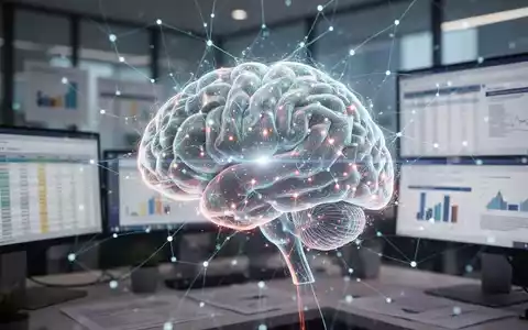 A glowing AI brain graphic overlaid on a blurred image of computer screens displaying spreadsheets and documents in an office. - Foto: über boerse-global.de