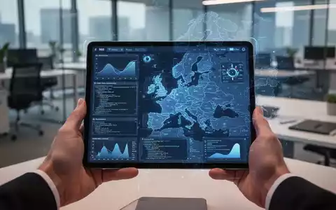 A tablet displays a digital notebook interface with data visualizations and a holographic map of Europe, held in a modern office. - Foto: über boerse-global.de