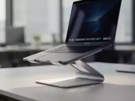 Ein moderner, silberner Laptop-Ständer hält einen Laptop auf einem aufgeräumten Schreibtisch und optimiert die Bildschirmhöhe für Ergonomie. - Foto: über boerse-global.de
