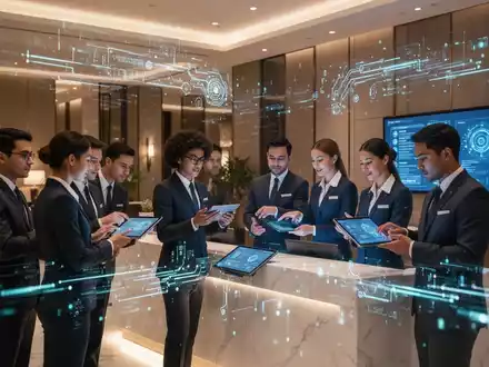 Hotelmitarbeiter nehmen an einem Seminar teil, in dem sie auf Tablets und Bildschirmen KI-Anwendungen für die Hotelbranche lernen. Leuchtende Datenströme symbolisieren Technologie. - Foto: über boerse-global.de