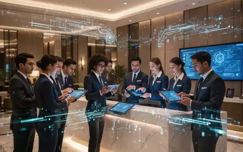 Hotelmitarbeiter nehmen an einem Seminar teil, in dem sie auf Tablets und Bildschirmen KI-Anwendungen für die Hotelbranche lernen. Leuchtende Datenströme symbolisieren Technologie. - Foto: über boerse-global.de