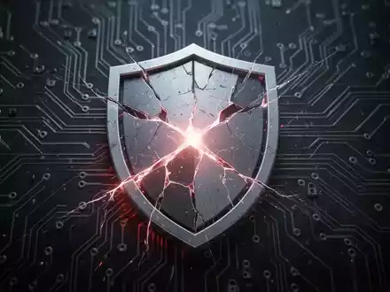 A cracked digital shield icon over a circuit board, symbolizing a zero-day vulnerability and cybersecurity threat. - Foto: über boerse-global.de