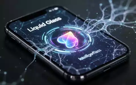 An iPhone screen displaying a futuristic operating system interface with Liquid Glass design, subtle AI patterns, and a prominent Siri AI icon. - Foto: über boerse-global.de