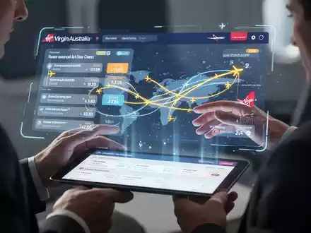 A person using an AI-powered holographic interface to search for Virgin Australia flights and loyalty program reward seats. - Foto: über boerse-global.de