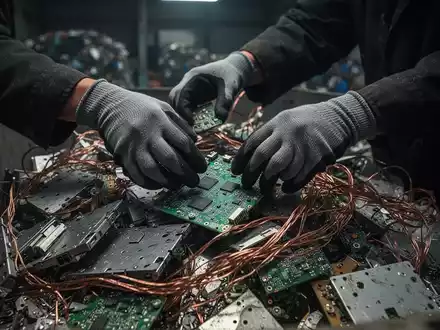 Eine Nahaufnahme von behandschuhten Händen, die in einem dunklen, industriellen Umfeld Elektronikschrott und Kupferkabel sortieren. - Foto: über boerse-global.de