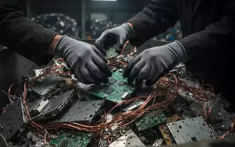 Eine Nahaufnahme von behandschuhten Händen, die in einem dunklen, industriellen Umfeld Elektronikschrott und Kupferkabel sortieren. - Foto: über boerse-global.de