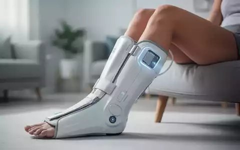 Nahaufnahme der Beine einer Person, die eine weiße Kompressionsmanschette für die Lymphmassage trägt, in einer häuslichen Umgebung. - Foto: über boerse-global.de