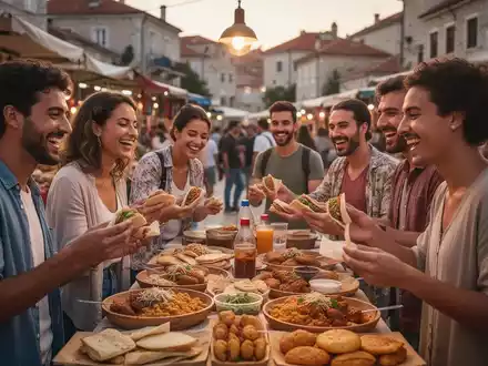 Eine Gruppe von Freunden genießt gemeinsam günstige Streetfood-Mahlzeiten auf einem lebhaften Markt in Südeuropa bei Abendlicht. - Foto: über boerse-global.de