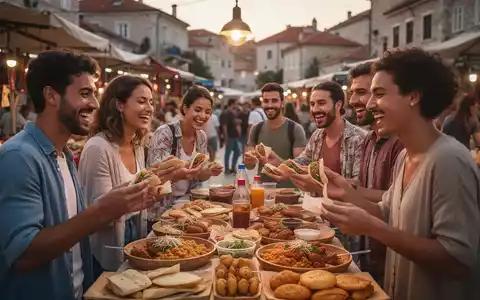 Eine Gruppe von Freunden genießt gemeinsam günstige Streetfood-Mahlzeiten auf einem lebhaften Markt in Südeuropa bei Abendlicht. - Foto: über boerse-global.de