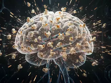 Ein stilisiertes, leuchtendes Gehirn mit schnell bewegten, fragmentierten Lichtmustern, die digitale Datenströme oder Popcorn ähneln. - Foto: über boerse-global.de