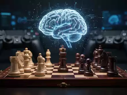 Ein Schachbrett mit unscharfen Videospiel-Controllern im Hintergrund, über dem Brett schwebt ein leuchtendes Gehirn-Hologramm. - Foto: über boerse-global.de