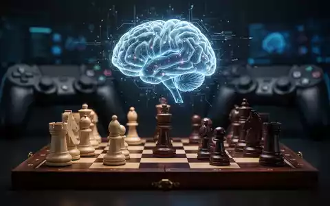 Ein Schachbrett mit unscharfen Videospiel-Controllern im Hintergrund, über dem Brett schwebt ein leuchtendes Gehirn-Hologramm. - Foto: über boerse-global.de