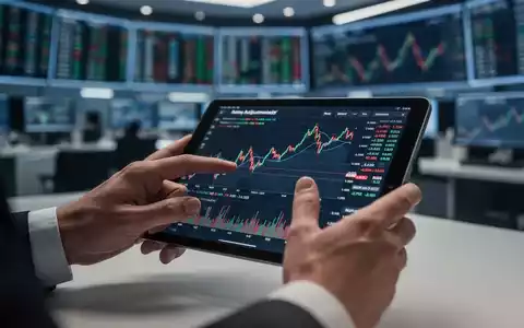 Hände eines Finanzanalysten, der ein Tablet mit Börsenkursen bedient, im Hintergrund eine verschwommene Handelsfläche. - Foto: über boerse-global.de