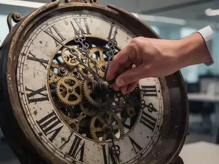 Eine Nahaufnahme einer Hand, die die Zeiger eines alten Zifferblatts dreht, mit sichtbaren Zahnrädern im Hintergrund eines modernen Büros. - Foto: über boerse-global.de