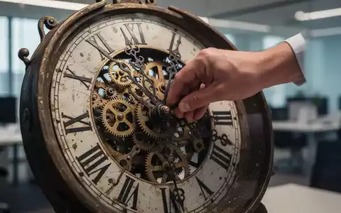 Eine Nahaufnahme einer Hand, die die Zeiger eines alten Zifferblatts dreht, mit sichtbaren Zahnrädern im Hintergrund eines modernen Büros. - Foto: über boerse-global.de