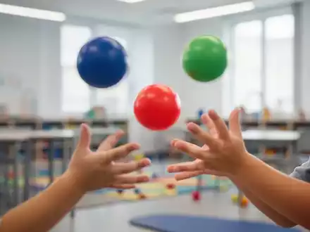 Nahaufnahme von Kinderhänden, die drei bunte Bälle jonglieren, mit verschwommenem Hintergrund. Zeigt spielerisches Gehirntraining. - Foto: über boerse-global.de