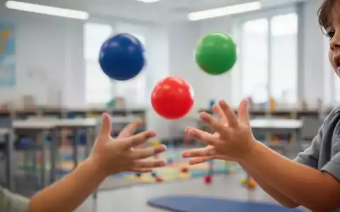 Nahaufnahme von Kinderhänden, die drei bunte Bälle jonglieren, mit verschwommenem Hintergrund. Zeigt spielerisches Gehirntraining. - Foto: über boerse-global.de
