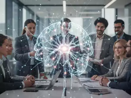 Eine stilisierte KI-Visualisierung überlagert unscharfe Bilder von Fachkräften in einem modernen Büro, symbolisiert Innovation im Personalmanagement. - Foto: über boerse-global.de