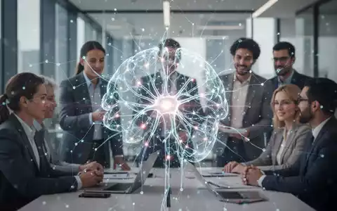 Eine stilisierte KI-Visualisierung überlagert unscharfe Bilder von Fachkräften in einem modernen Büro, symbolisiert Innovation im Personalmanagement. - Foto: über boerse-global.de