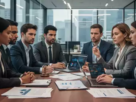 Geschäftsleute in einem modernen Büro, die sich um einen Tisch versammeln und rechtliche Dokumente und Daten auf einem Laptop diskutieren. - Foto: über boerse-global.de