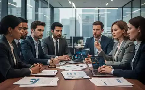 Geschäftsleute in einem modernen Büro, die sich um einen Tisch versammeln und rechtliche Dokumente und Daten auf einem Laptop diskutieren. - Foto: über boerse-global.de