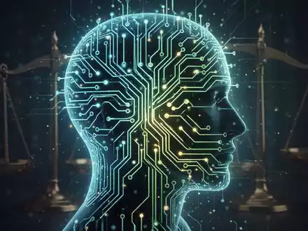 Eine stilisierte, leuchtende neuronale Netzwerkschaltung über einer menschlichen Silhouette, mit Waage im Hintergrund, die KI-Regulierung darstellt. - Foto: über boerse-global.de